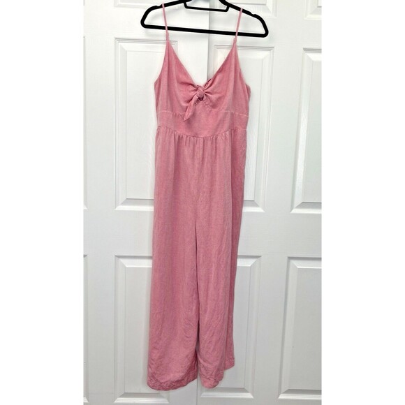 Ann Taylor Loft Jumpsuit Women's 12 Pink Linen Blend Smocked Back Wide Leg Strap - Picture 1 of 14